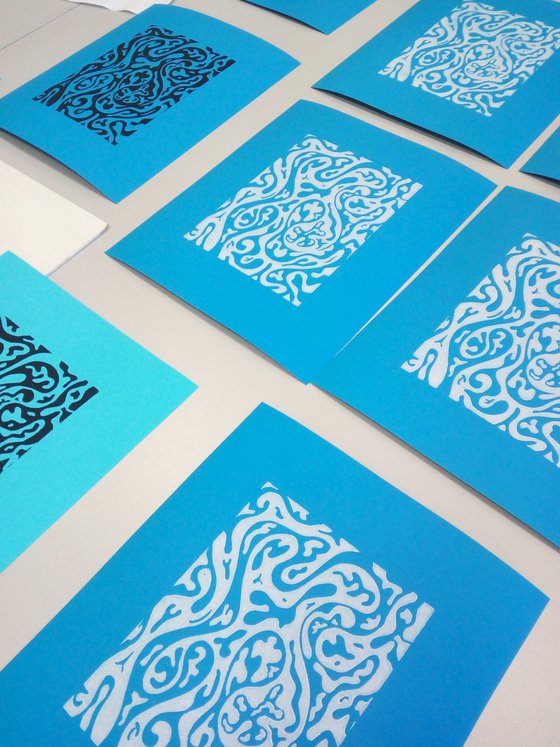 SEA WAVES IV linocut white on blue