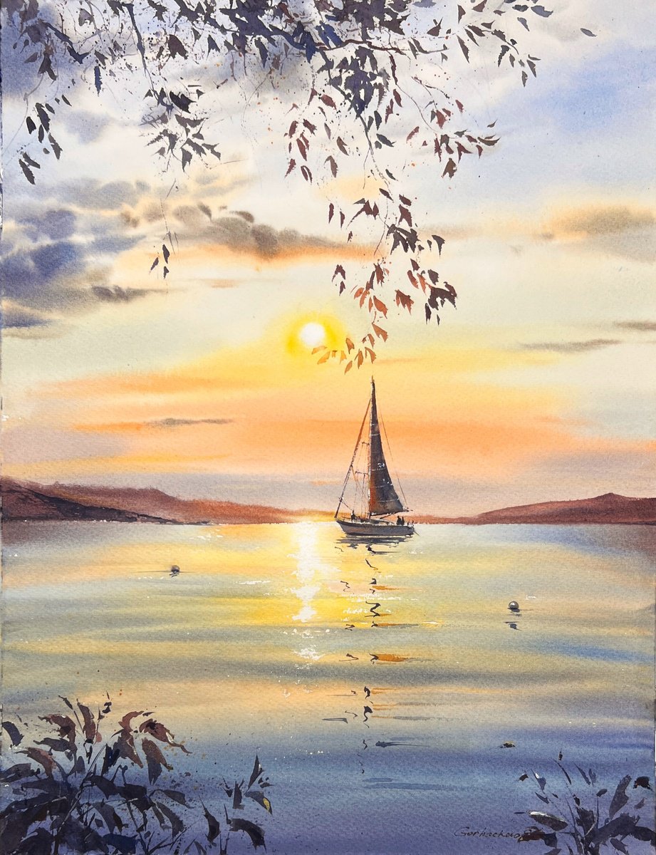 Impressionistic Landscape Watercolour By Eugenia Gorbacheva, 12 X 16, Silent Voyage, Original Artwork