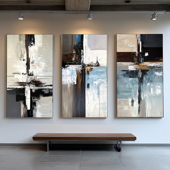 Large Neutral Triptych 240x140 cm Blue Gray