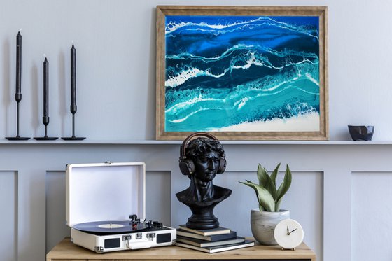 Ocean - original seascape resin artwork on board, turquoise waves, realistic foam