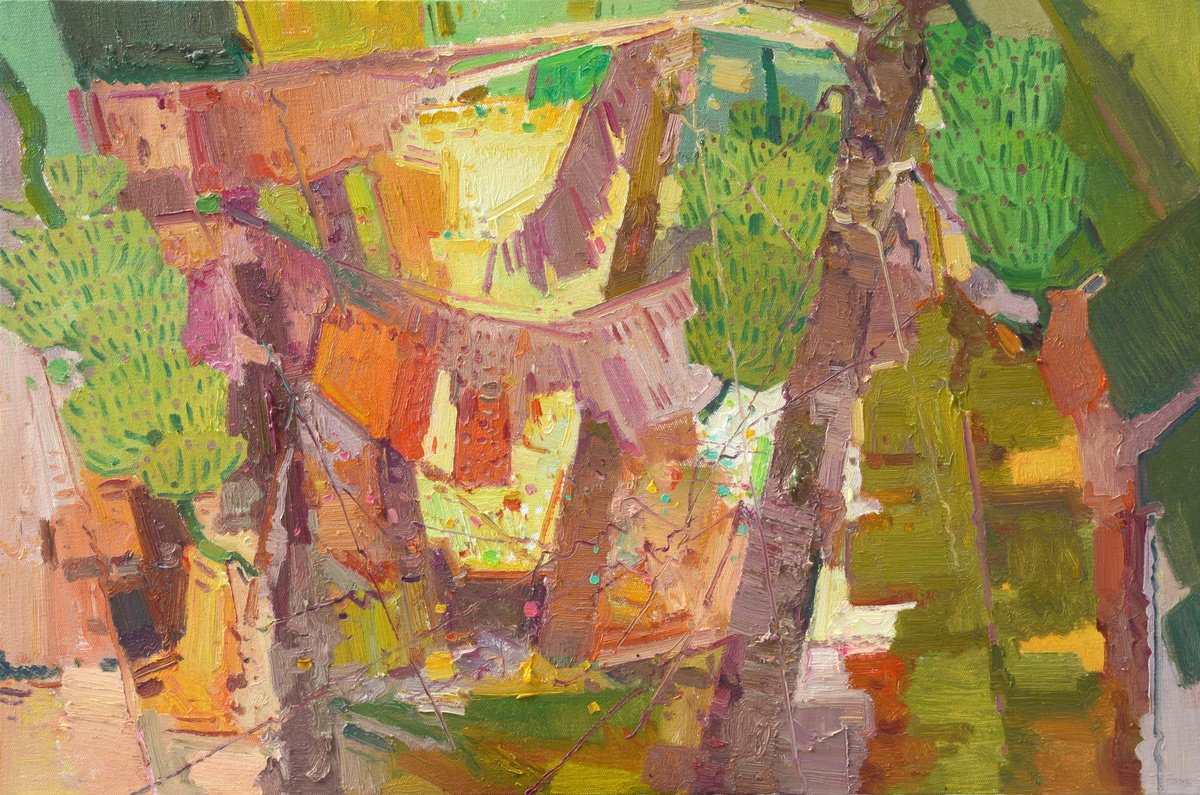 Impressionistic Landscape Oil Painting By Jianzhe Chon, 35 X 24, Banana Trees 226, Original Artwork