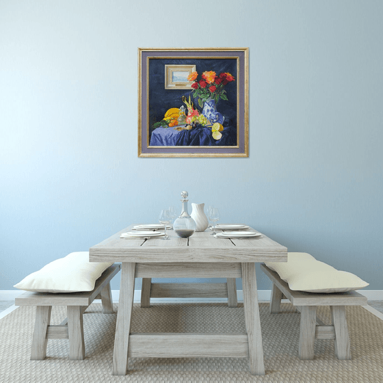 Roses in a ceramic vase and fruits