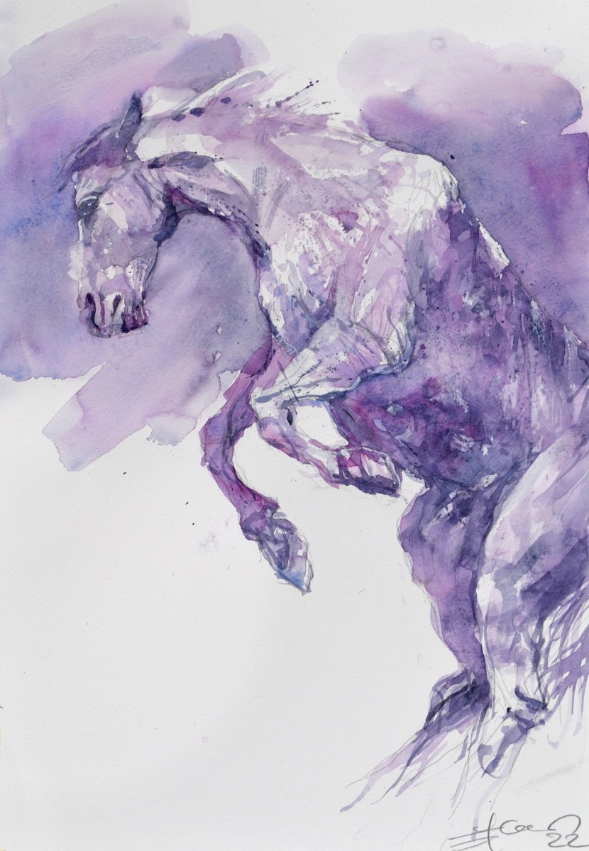 Expressive Animal Watercolour By Goran Zigolic Watercolors, 14 X 20, Prancing Horse In Purple, Original Artwork
