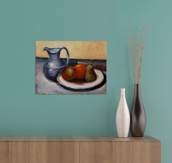 Still life with pewter jug and fruit