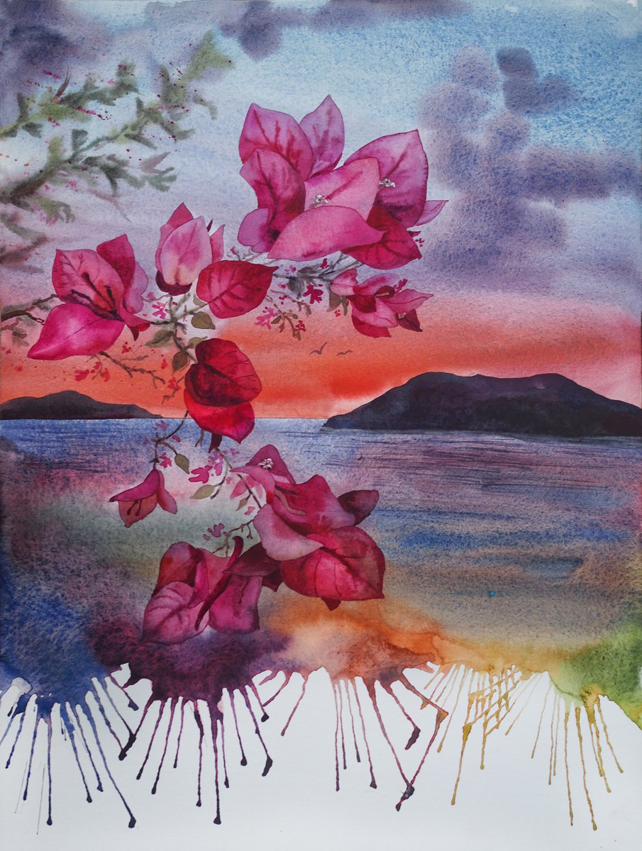 Mediterranean sunset with bougainvillea - original watercolor, falling paint by Delnara El