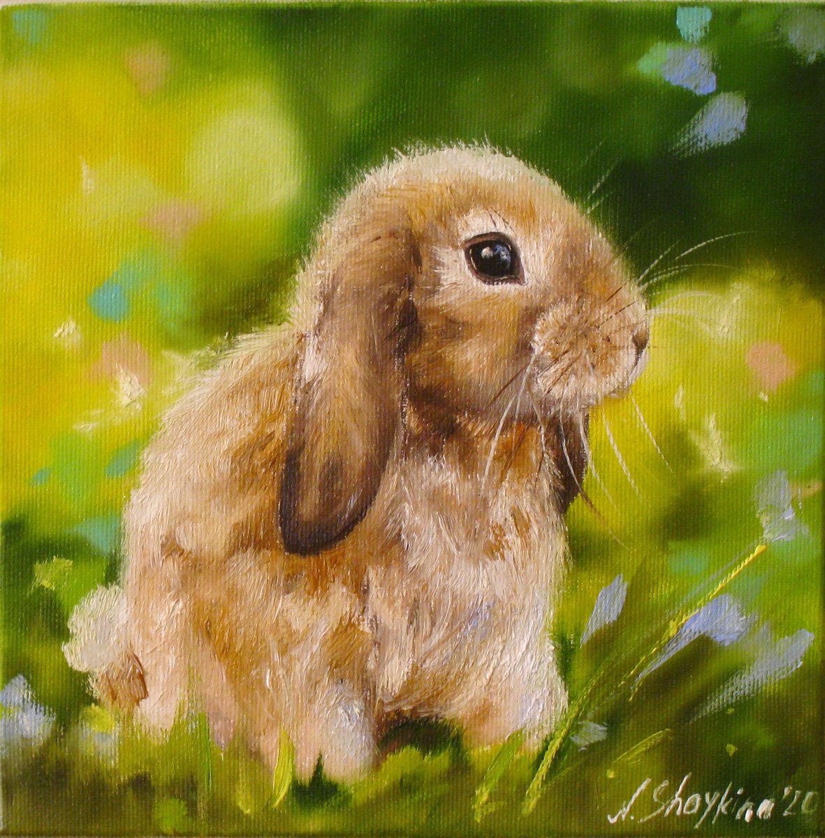 Impressionistic Animal Oil Painting By Natalia Shaykina, 8 X 8", Easter Rabbit, Original Artwork