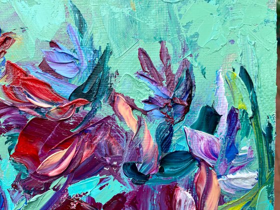 Petals - splashes of color, 25*35cm, impressionistic flowers oil painting with texture (a bit impasto)