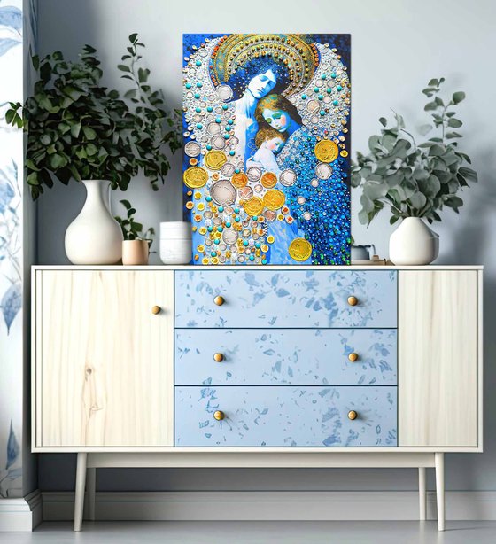 Guardian angel - Love original painting. Blue silver golden decorative artwork with Turquoise, amber, gold leaf