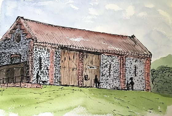Old Flint Barn - Ink and Watercolour drawing
