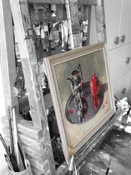 "Reflections" still life pomegranate metal silver white liGHt original painting  GIFT (2019)