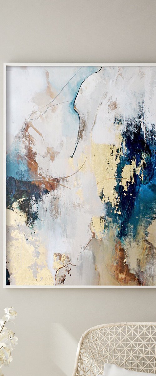 "Flow 4" Abstract acrylic blue gold art by Yana Sagan