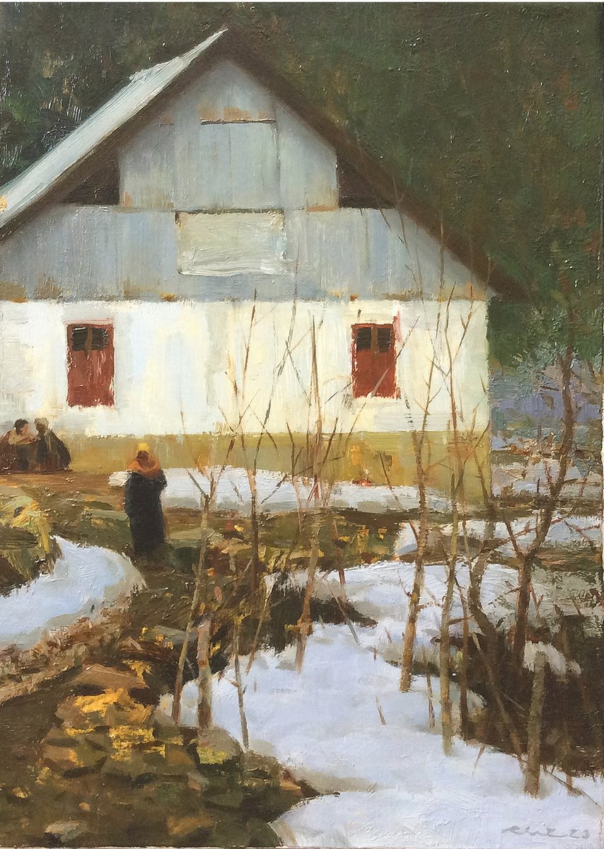 Impressionistic Landscape Oil Painting By Riaz Samadhan, 13 X 18", A Morning In Kashmir Valley 2, Original Artwork