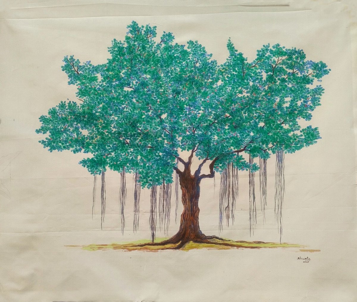 Banyan tree art on silk by Shweta Mahajan