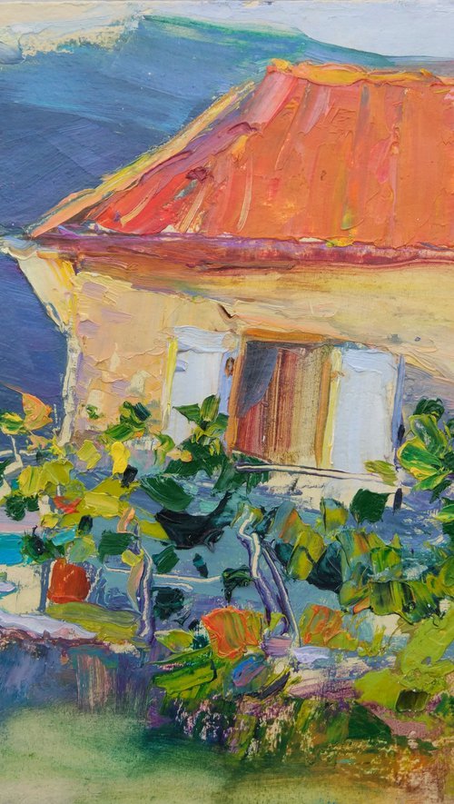 Embankmen of Montenegro . Old house . Original plein air oil painting . by Helen Shukina