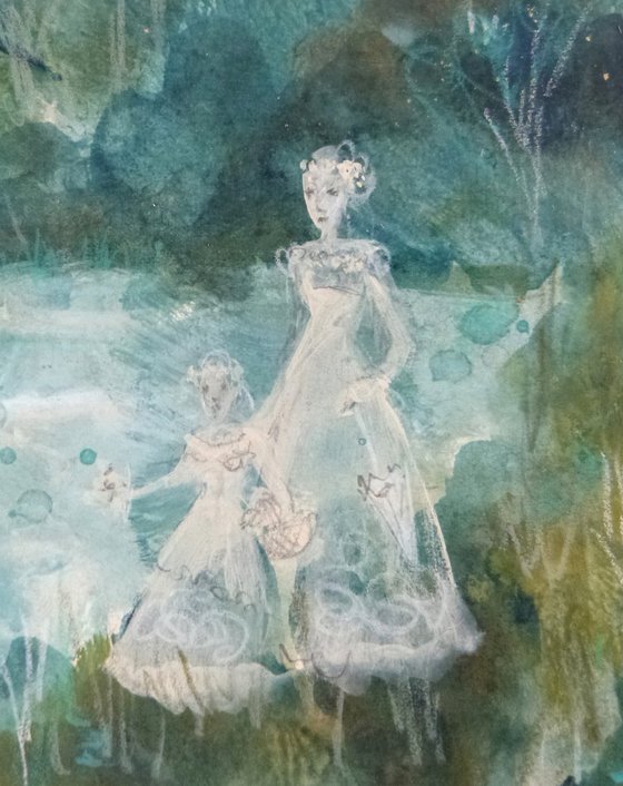 "A Sunday at the lake" on old paper 28x18cm