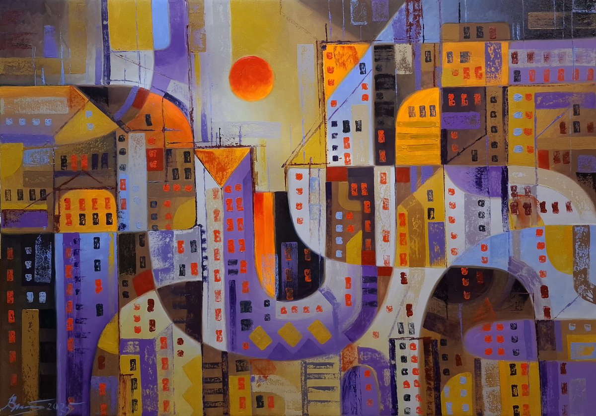 Abstract Oil Painting By Serhii Voichenko, 34 X 24", Urban Sunset, Original Artwork