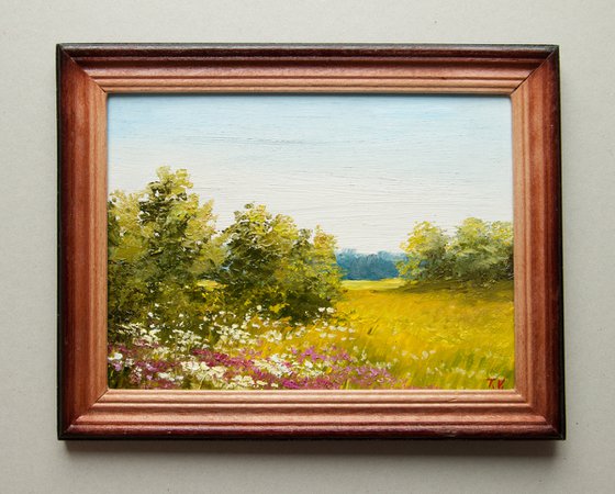 Summer landscape. Oil painting. Small painting 6 x 8. Miniature.