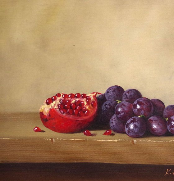 Still Life with Grapes, Fruits, Pomegranate, Original oil Painting, Classic Art, Handmade painting, signed