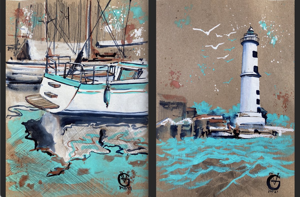 Landscape Painting By Valeria Golovenkina, 17 X 12", Murano Faro And Yacht, Original Artwork