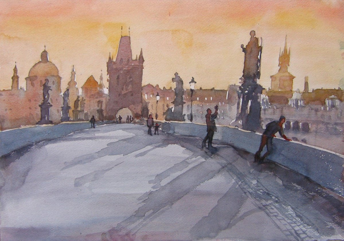 Cityscapes Watercolour By Goran Zigolic Watercolors, 22 X 15, Golden Prague Charles Bridge, Original Artwork