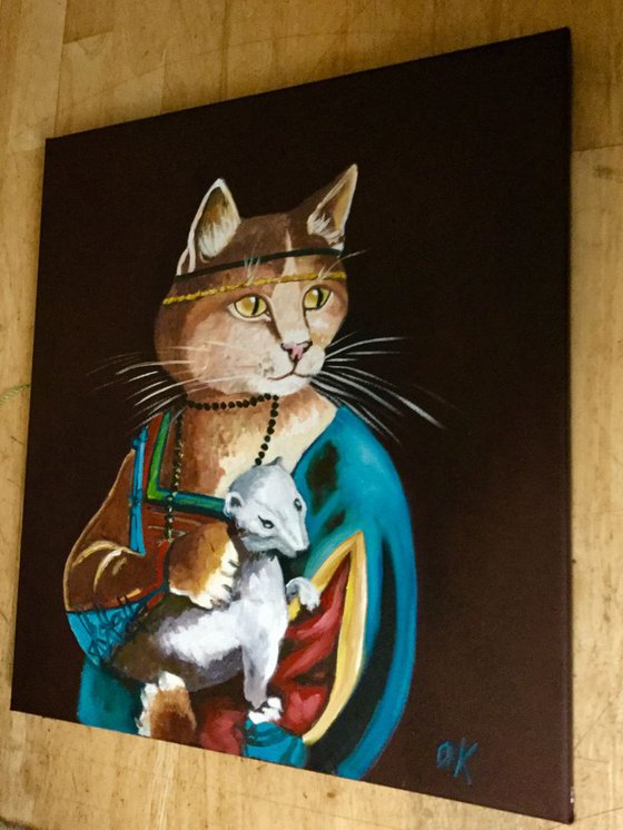 Cat with ermine . FELINE ART. Painting  for cat lovers.