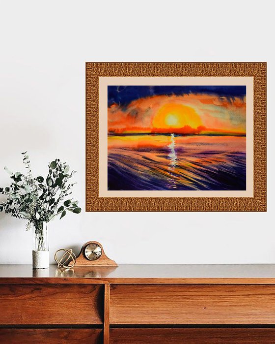 Sunset seascape original watercolor painting, coastal home decor