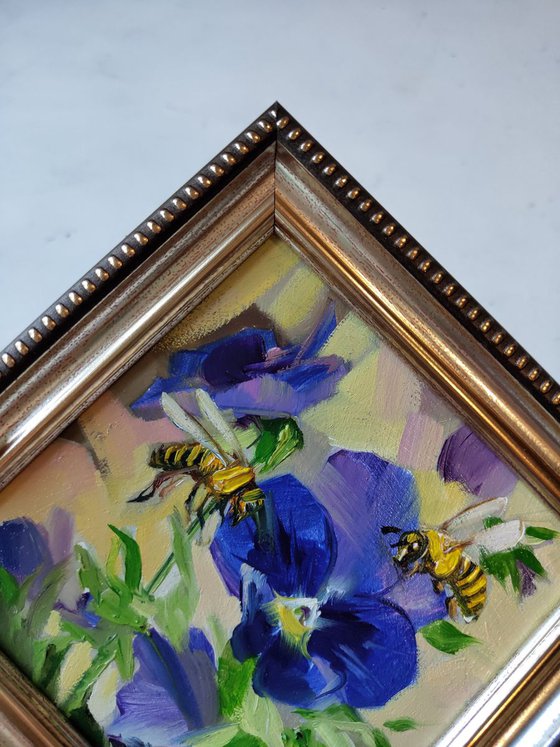 Bee artwork, Bee art painting original, Couple gift idea anniversary, Blue flowers painting, Small painting of animals, Bee picture frame