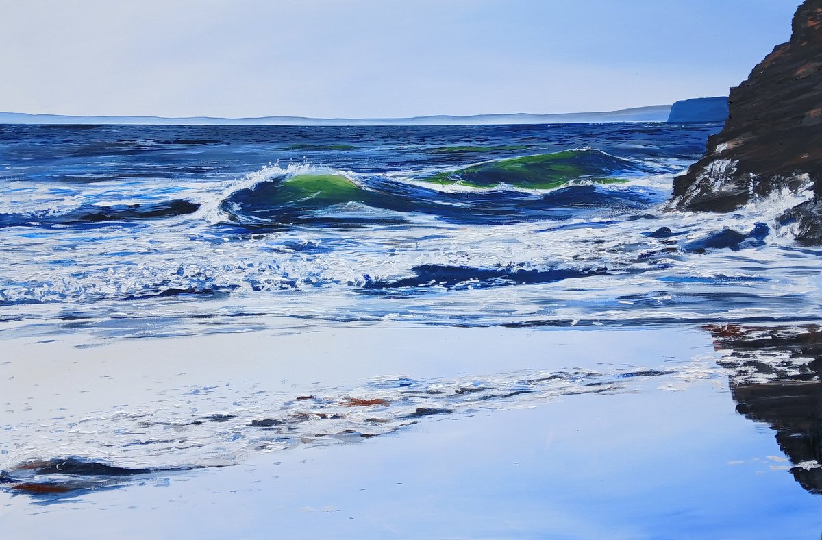 Photorealistic Landscape Oil Painting By Cathal Gallagher, 59 X 39, Blue Tide, Original Artwork