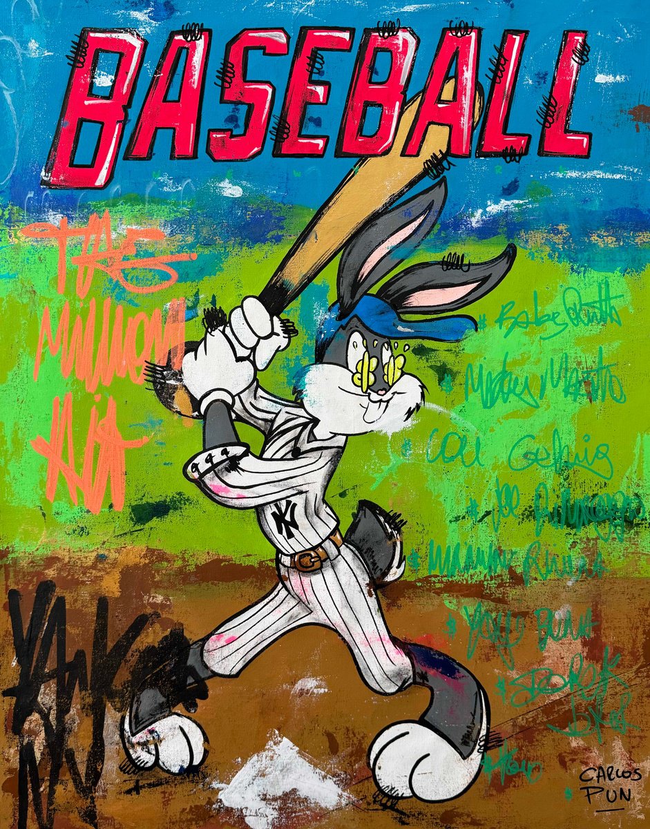 Cartoon Portrait Acrylic Painting By Carlos Pun Art, 28 X 35, Baseball Bugs Bunny - The Million Home Run, Original Artwork