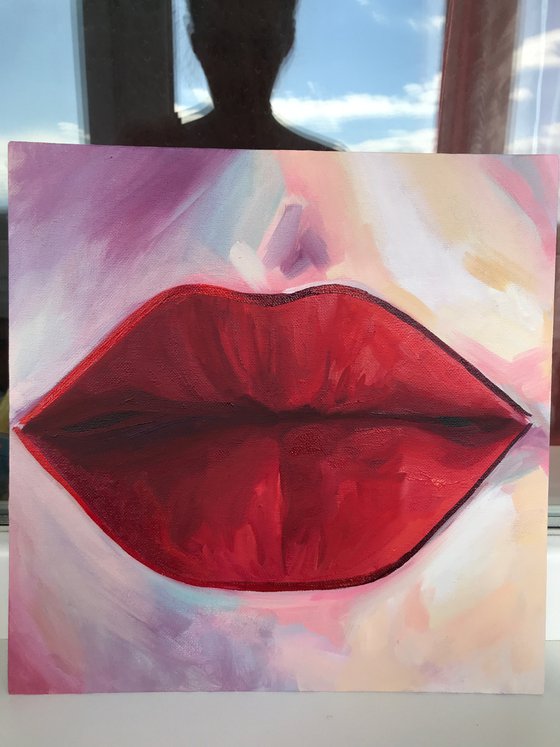 CHANEL LIPS - oil painting, original gift, girl, red, red trunks, ass, office decor, home interior