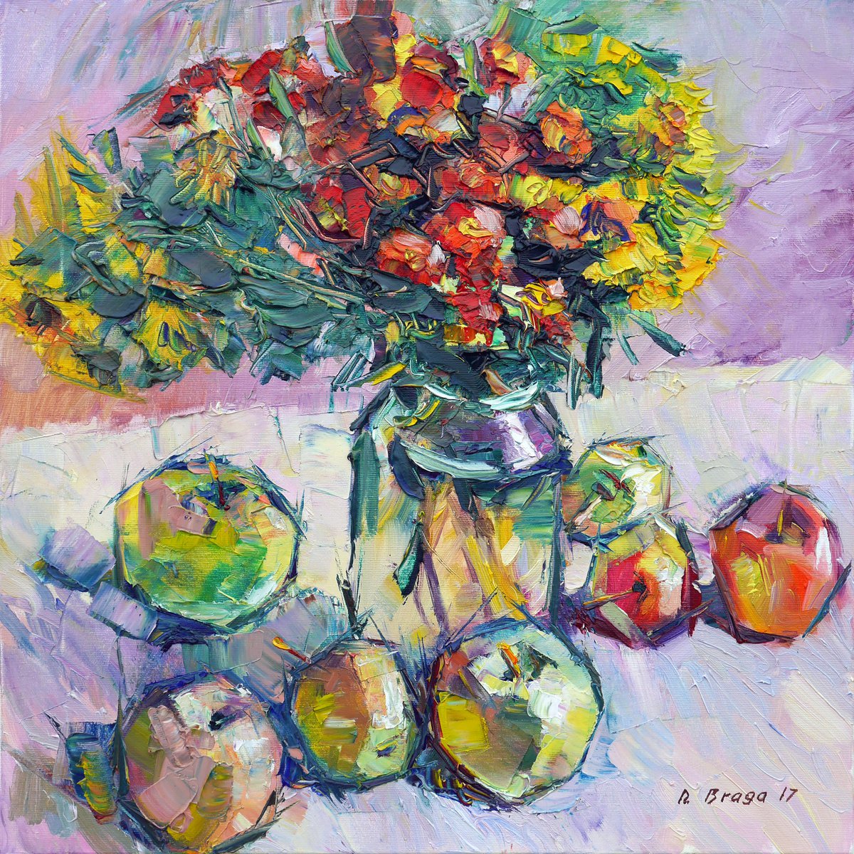 Expressive Still Life Oil Painting By Dima Braga, 20 X 20, Autumn Flowers And Apples, Original Artwork