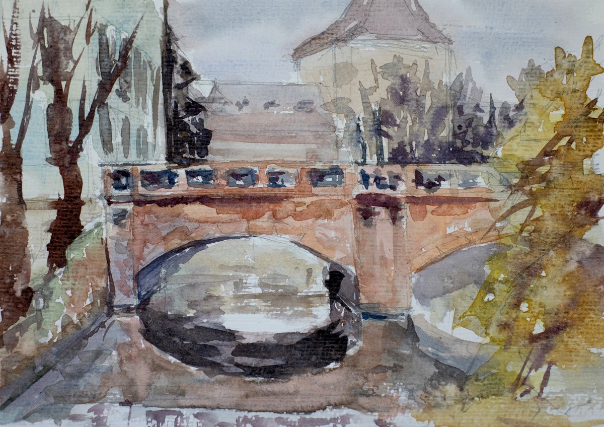 Impressionistic Cityscapes Watercolour By Oleksandra Skrypchenko, 9 X 7", Autumn Bridge In Nuremberg, Original Artwork