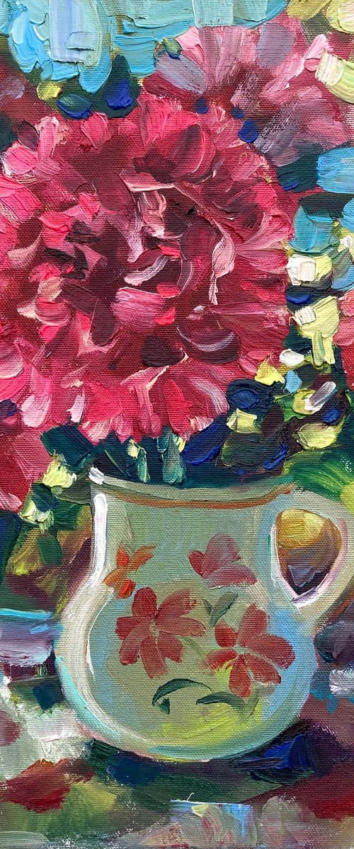 Burgundy Peonies in Vintage Jug by Natalia Miasnikova