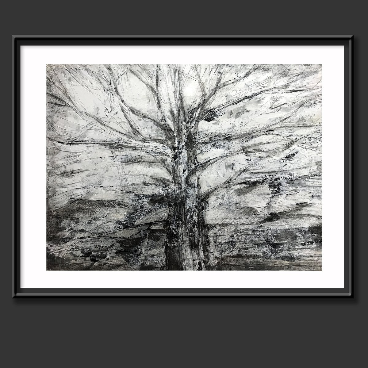 Black textured abstract landscape Tree