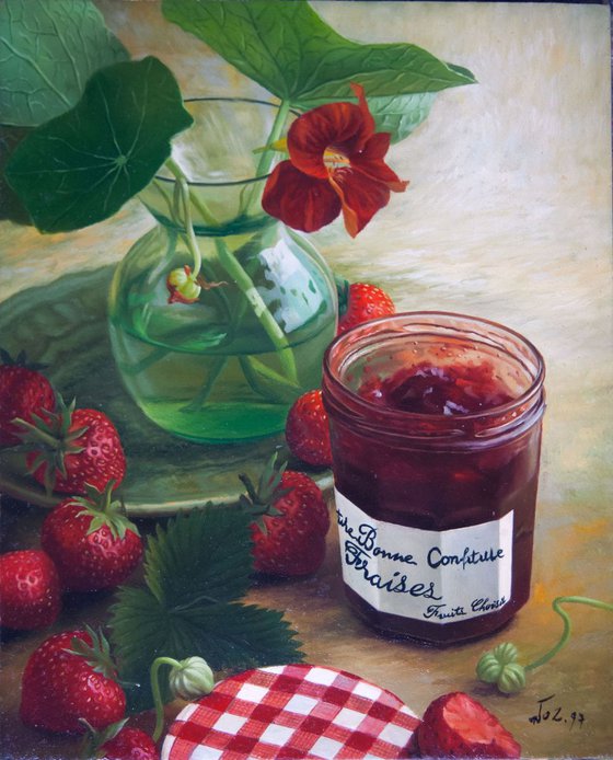 Still Life strawberries and Jam pot