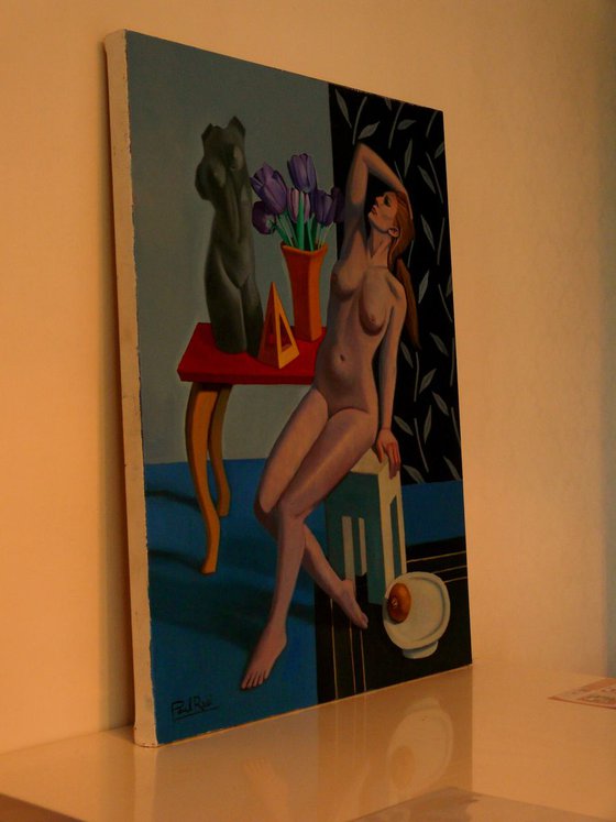 Nude in blue interior