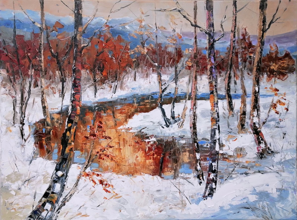 WINTER MIRROR, 80x60cm, snow forest trees river landscape by Emilia Milcheva