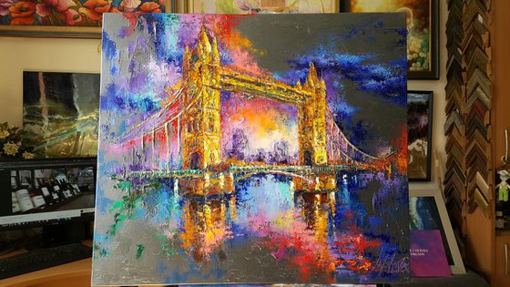 London - evening lights - oil original painting, abstract, palette knife
