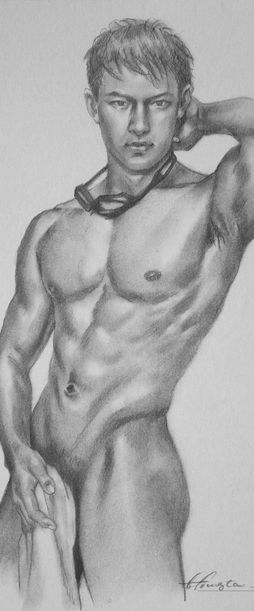 Drawing charcoal male nude on paper#17313 by Hongtao Huang