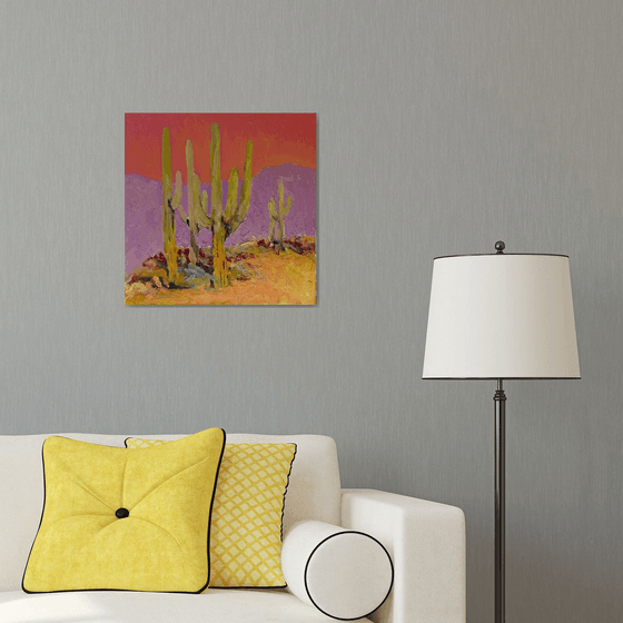 Saguaros Under a Coral Sky