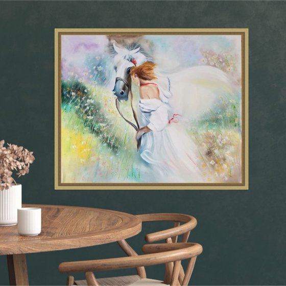 A Girl with a Horse. Mothers Day Gift. Gift for couple. Bedroom Decoration. Spectacular Oil Painting on Canvas. Gorgeous Summer Landscape. Home Decor.