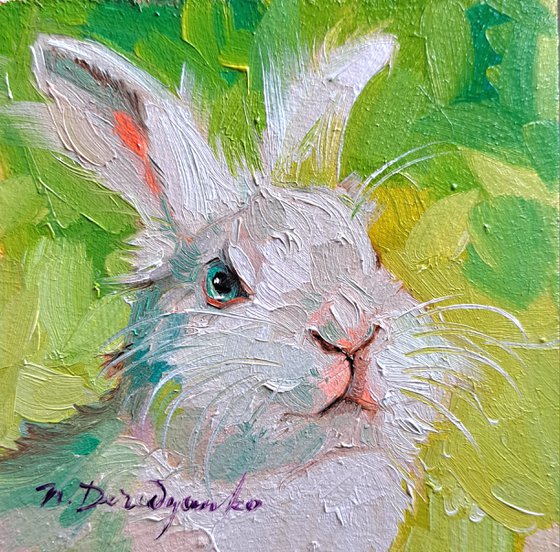 White rabbit painting original framed 4x4, Small painting framed rabbit artwork