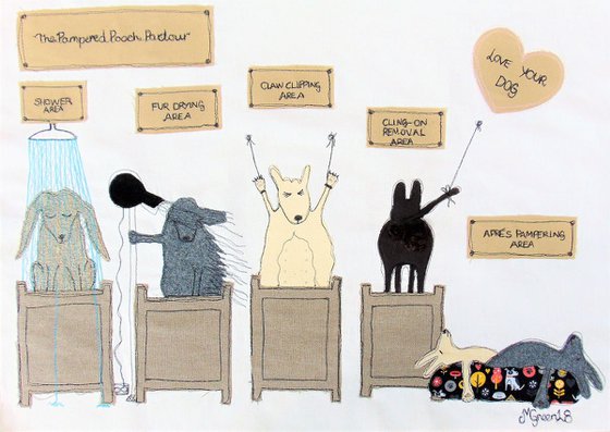 "The Pampered Pooch Parlour" - textile collage