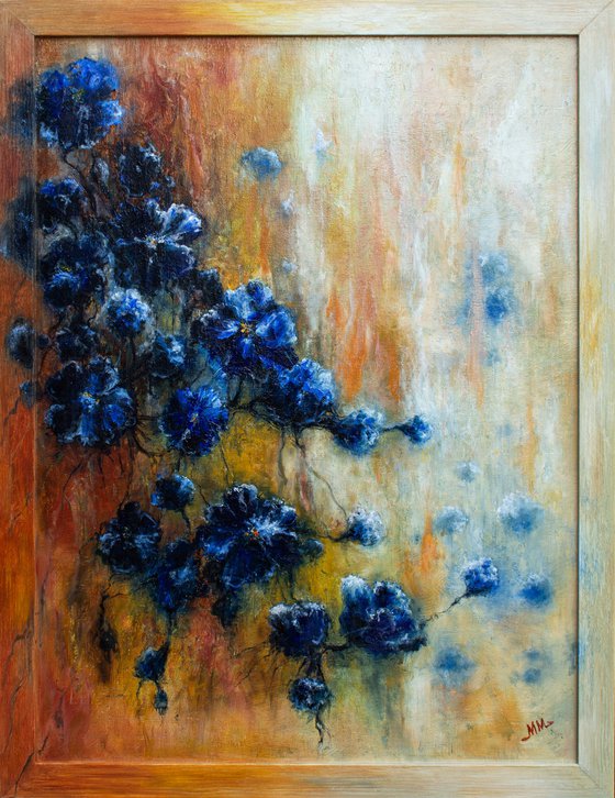 Framed floral impressionistic oil painting BLUE and GINGER