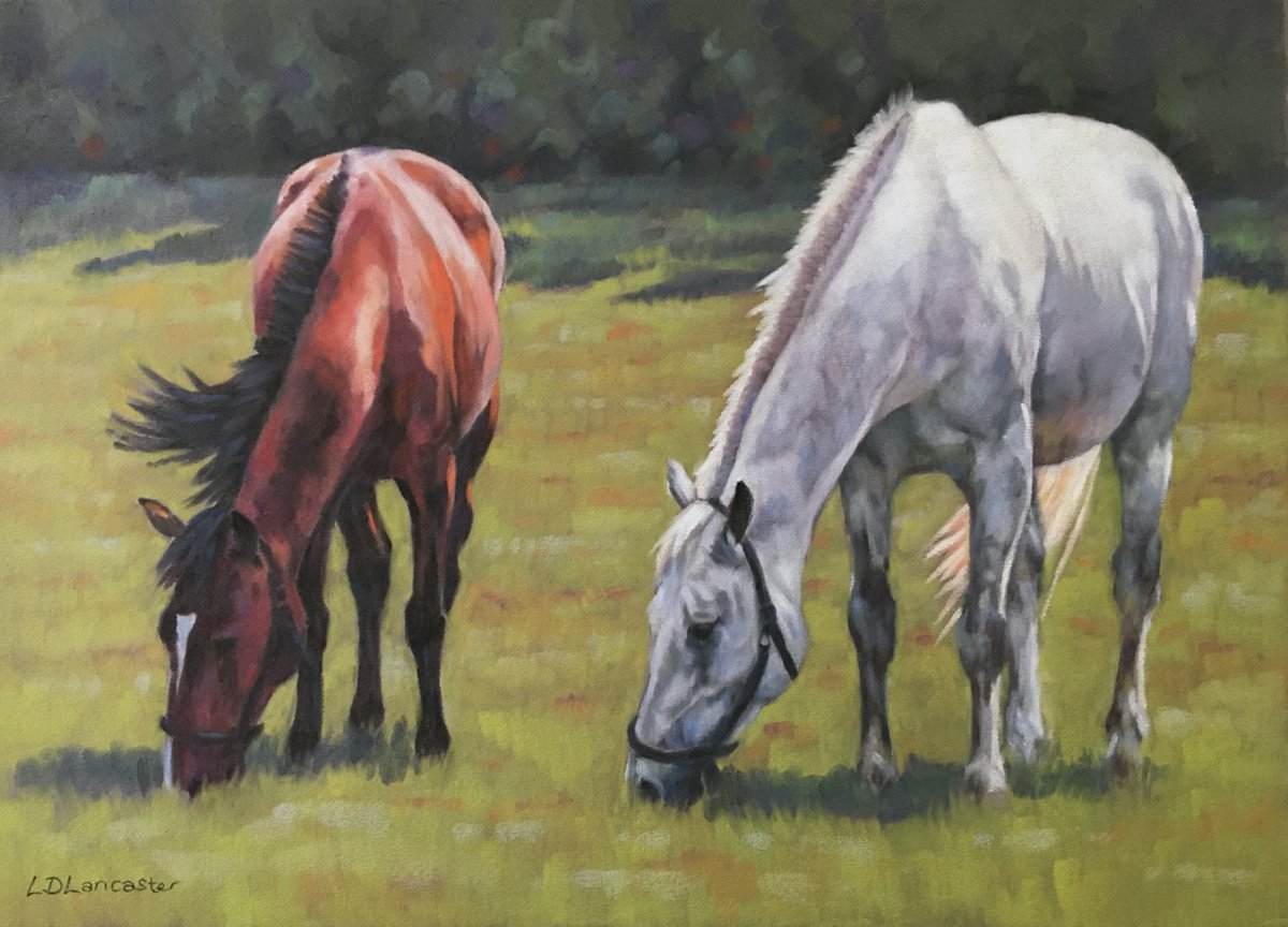 Tranquility - Grey and Bay horses grazing by Lorna Lancaster ASEA