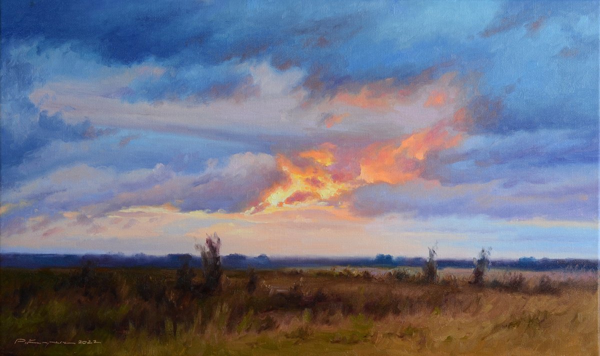 Impressionistic Landscape Oil Painting By Ruslan Kiprych, 20 X 12", Flame Of Dawn, Original Artwork