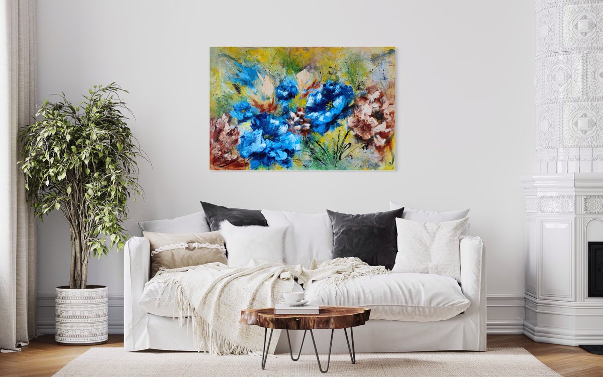 Dance of the Flowers from Colours of Summer collection, XL abstract flower painting by Vera Hoi
