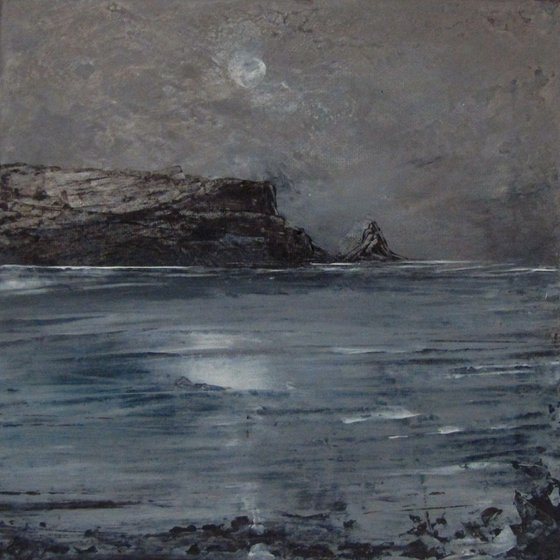 Caithness Full Moon, grey seascape of cliffs and sea