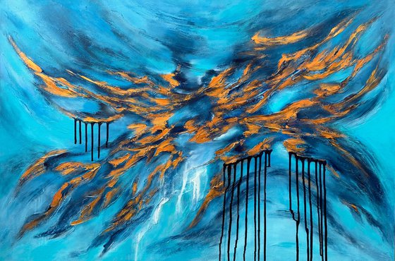 COMMISSIONED ARTWORK FOR M N-K - Blue Planet #2 - XL LARGE,  TEXTURED ABSTRACT ART – EXPRESSIONS OF ENERGY AND LIGHT. READY TO HANG!