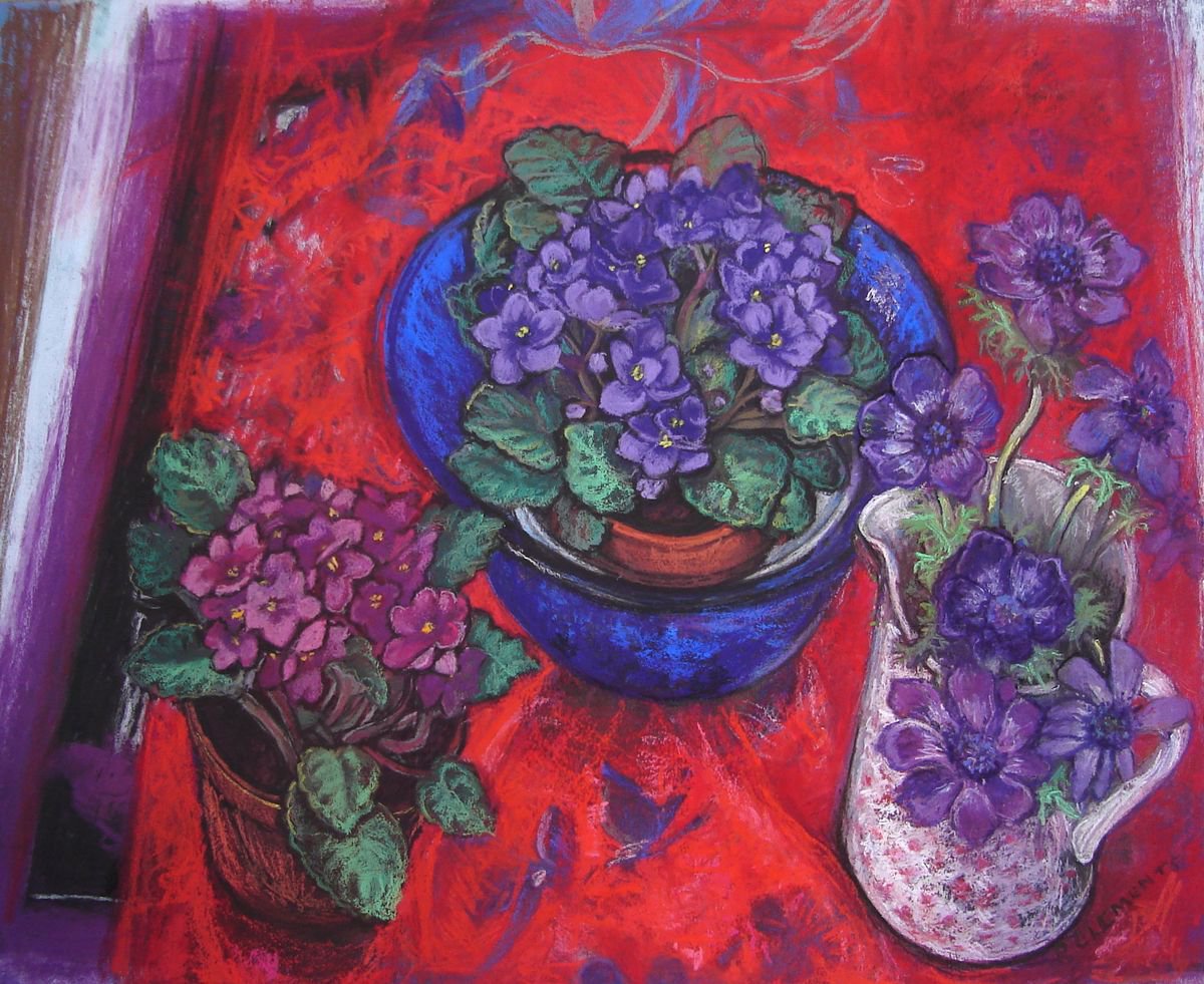 Impressionistic Still Life Pastel Drawing By Patricia Clements, 25 X 22", African Violets On Red, Original Artwork